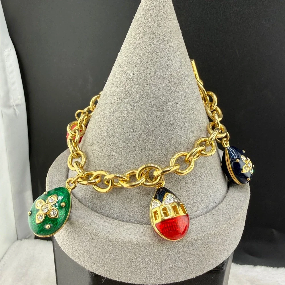 Vintage Egg Charm Bracelet Gold Tone Enamel Rhinestone Multi READ